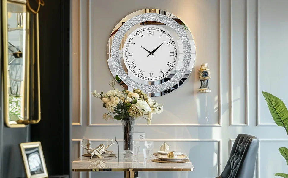 24inch Crystal Sparkle Crush Diamond Large Mirrored Wall Clock