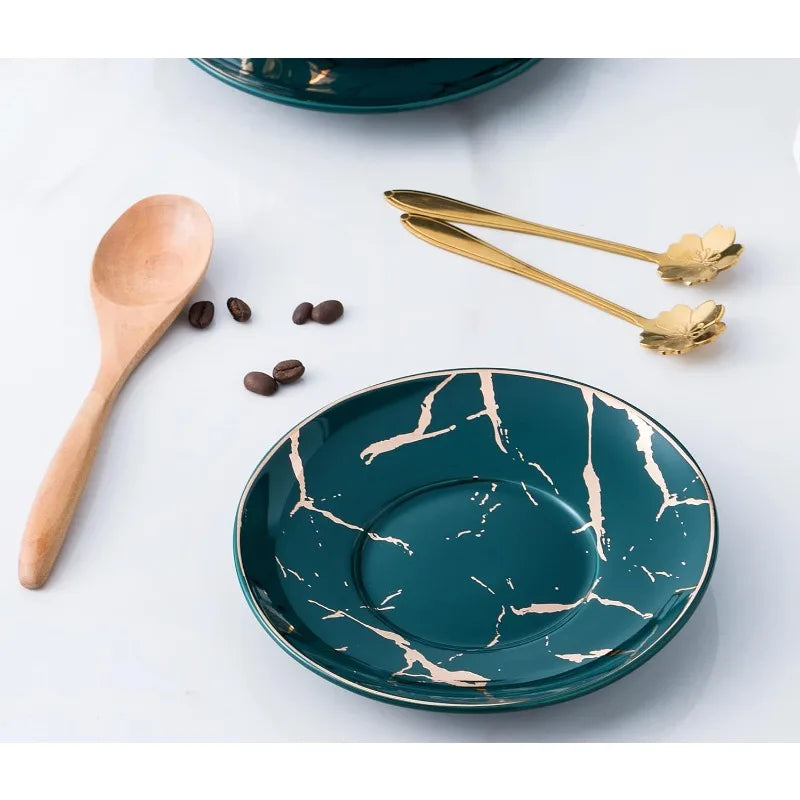 Set of 4- Hand Printed Golden Matte Ceramic Marble Coffee/Tea Cups with Spoons and Cup Holder