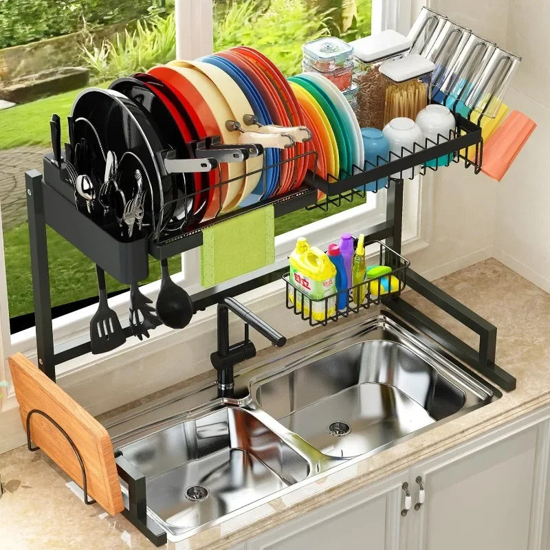 Over The Sink Dish Drying Rack (Adjustable Height/Length) Snap-On Design 2 Tier Large Dish Drainer