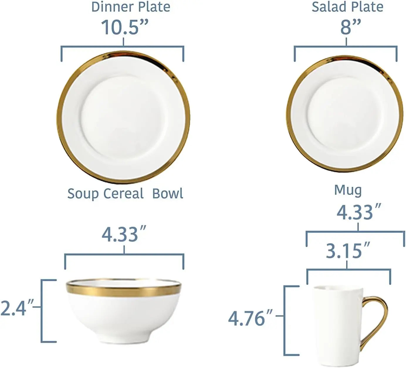 16 Piece Service for 4 Golden Rim White Porcelain Dinnerware Set