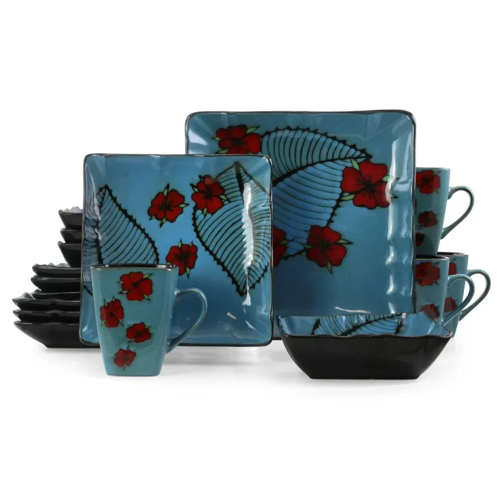 16 Piece Blue and Floral Square Stoneware Dinnerware Set