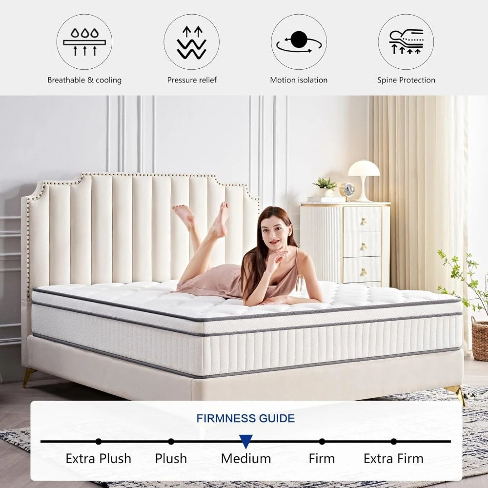 12 Inch, Individual Inner Spring Hybrid Mattresses, Medium Firm, Pressure Relief