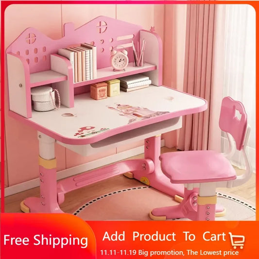 Kids Adjustable Study Desk & Chair Set w/Storage Drawers, Bookshelf