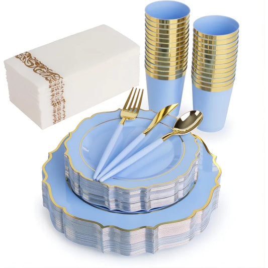 175 Light Blue Plastic Plates - 50 Dinner and Salad Plates, 75 Baroque Handled Cutlery, 25 Napkins, Cups