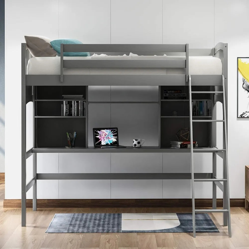 Solid Wood Loft Bed Frame with Desk