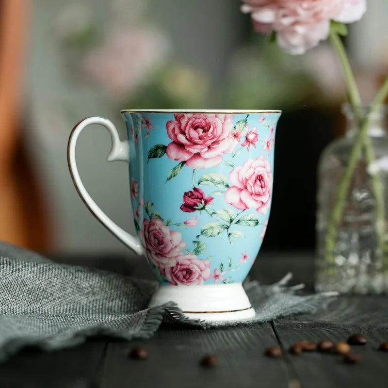 Set of 6, 12 oz, Floral Bone China Porcelain Mugs