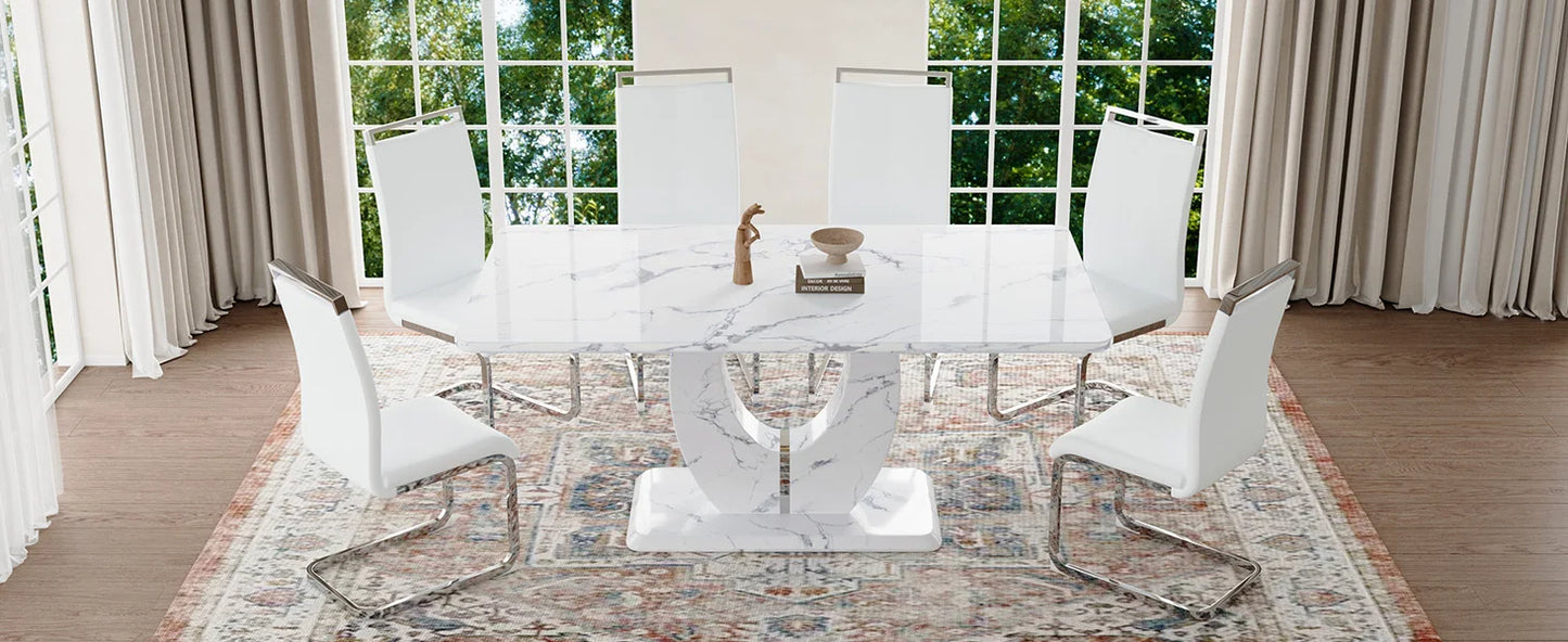 White Faux Marble Rectangle Dining Table Set for 6