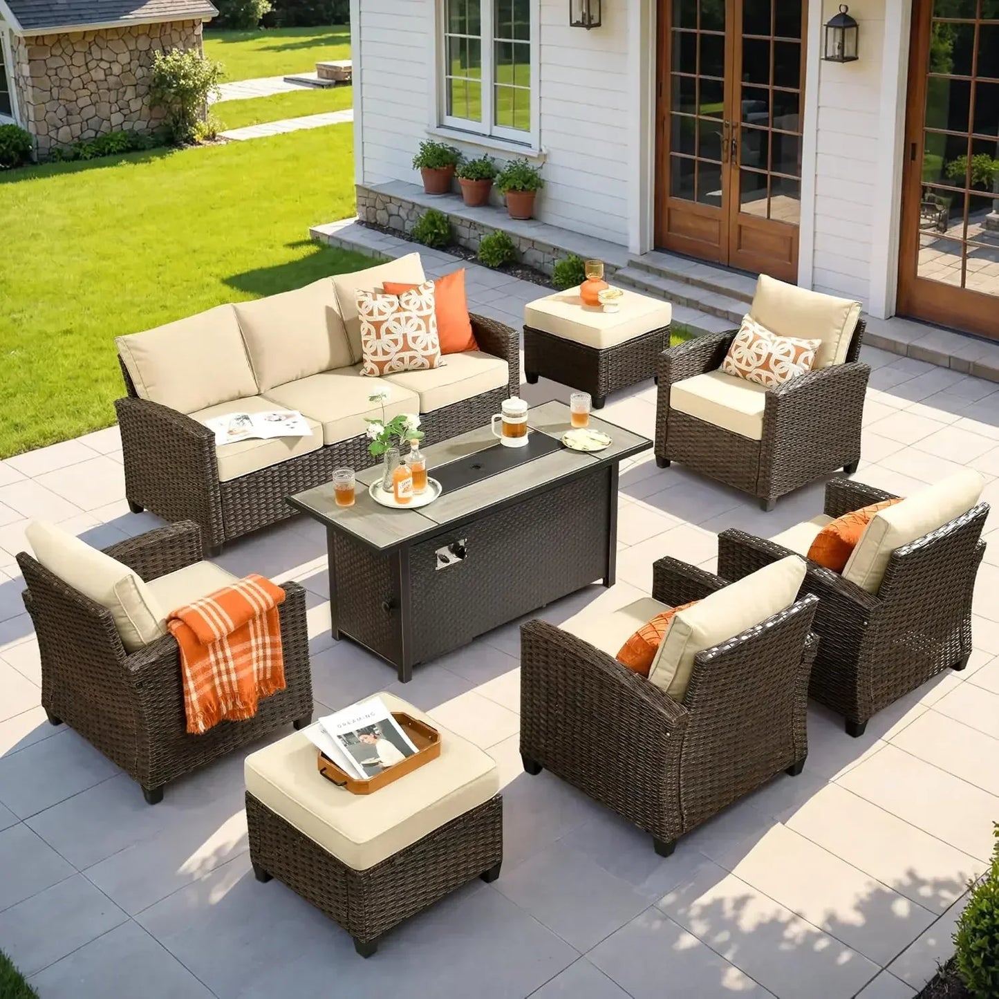 8 pcs Brown Wicker Patio Furniture Set with 54" Fire Pit Table