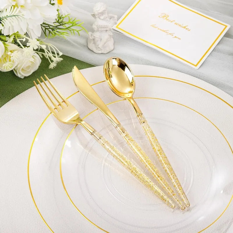 150PCS Clear-Gold Plastic Plates - Gold Plastic Silverware with Glitter Handle - 30 Guests