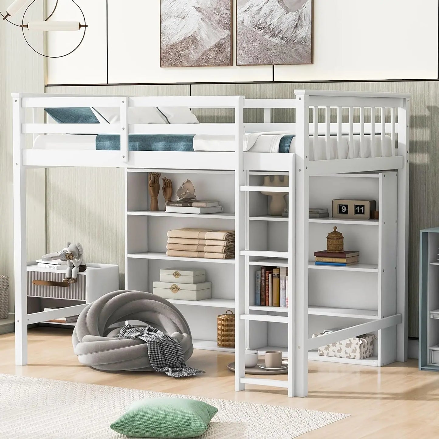 Full Size Loft Bed with Stairs and 2 Four-Layer Storage Cabinets and Curtain, for Kids, Teens, Adults (White+Blue)