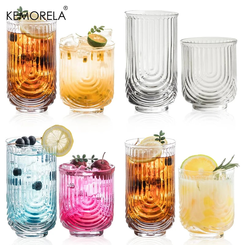 8 Pieces 14/12OZ Art Deco Highball Ribbed Drinking Glass Set