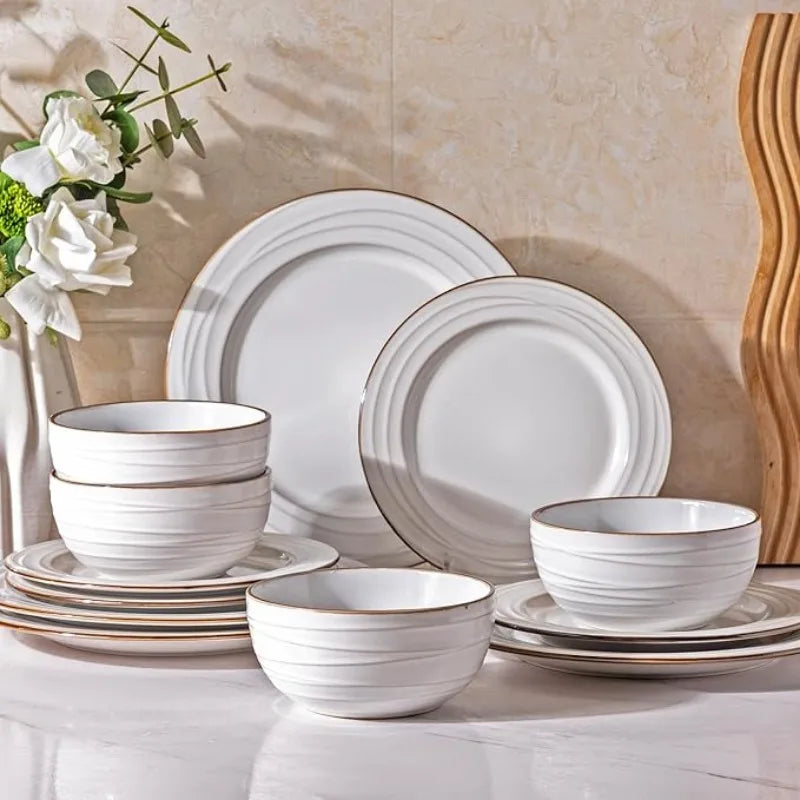 Embossed Elegant Stoneware Plates and Bowls Sets