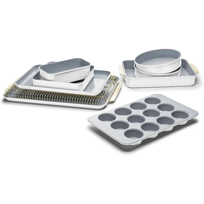 Nonstick Ceramic Bakeware Set (11 Pieces) - Baking Sheets, Assorted Baking Pans, Cooling Rack, & Storage