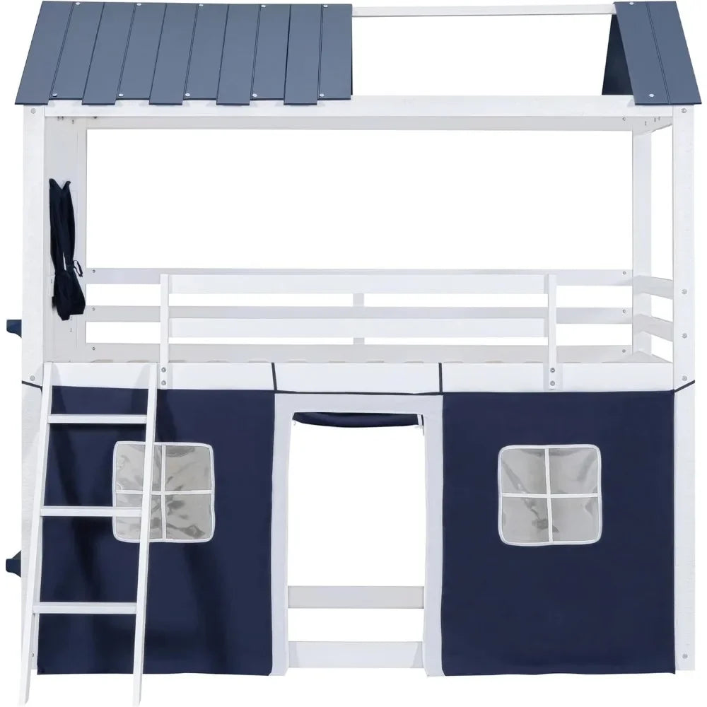 Kids House Loft Bunk Bed with Tent, Ladders, Guardrail, Windows & Roof