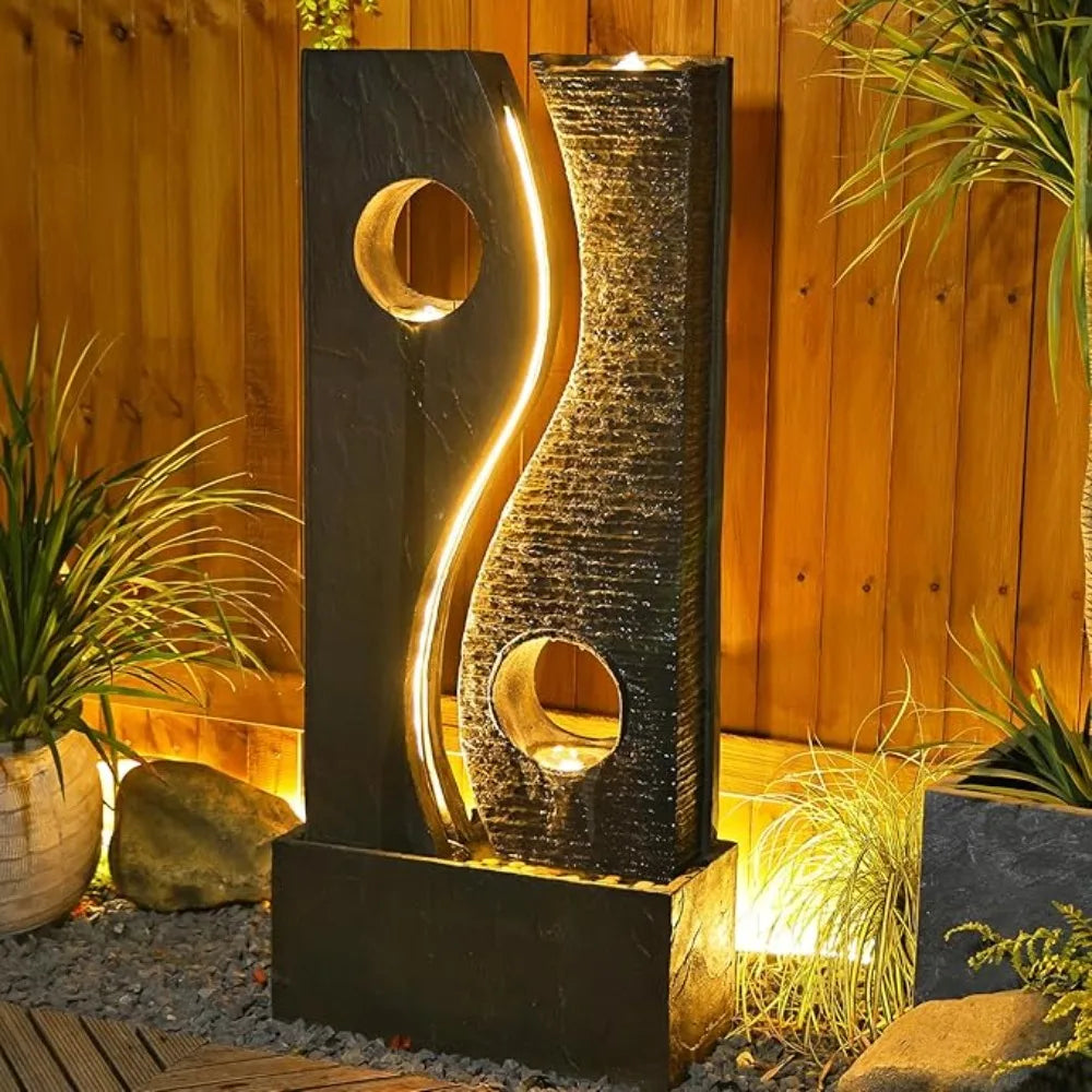 47 Inch Outdoor Fountain with LED Light Strip, Dark Gray, Imitation Rust Finish