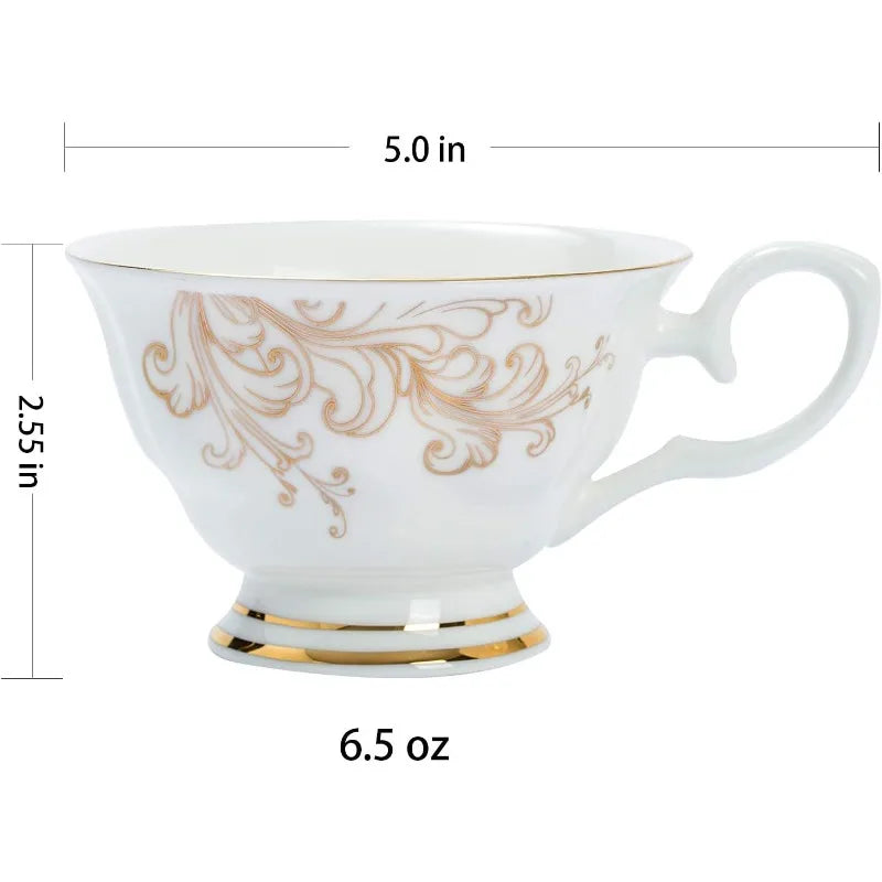 22-Pieces Porcelain Bone China Tea Sets, Gold Rim Coffee Set with Golden Metal Rack