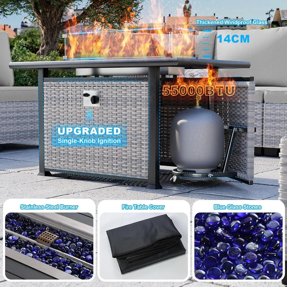 Modern 8-Piece Patio Set with 55k BTU Fire Pit, Grey