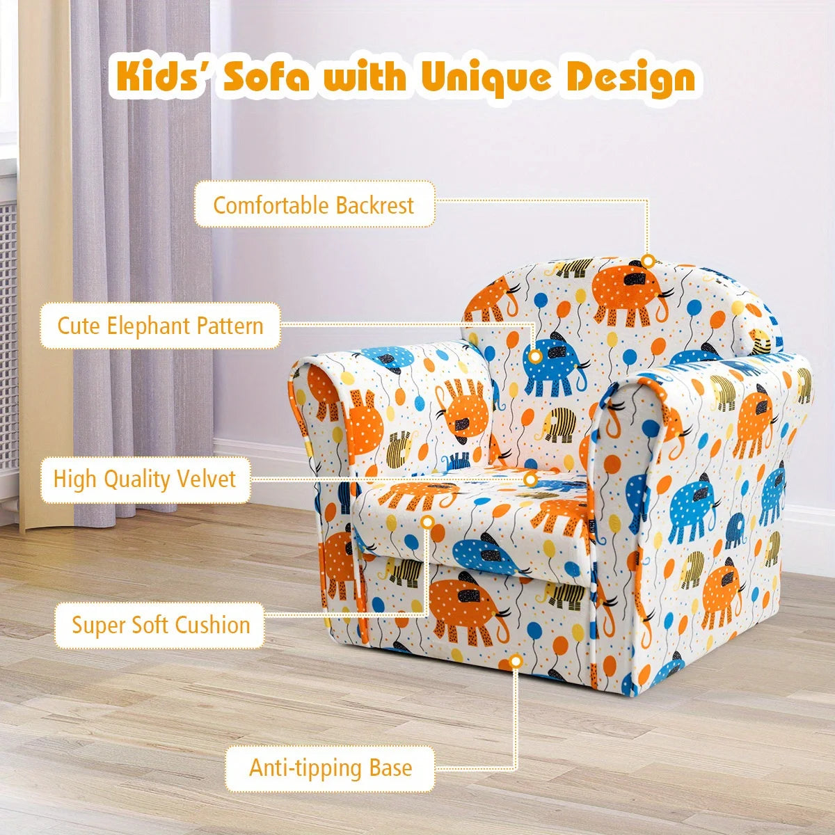 Children's Soft Cushion Armchair With Wooden Frame And Anti Slip Foot Nails