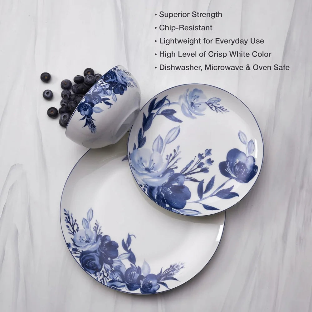 Chip Resistant 12 Piece Dinnerware Set, Service for 4,Blue and White