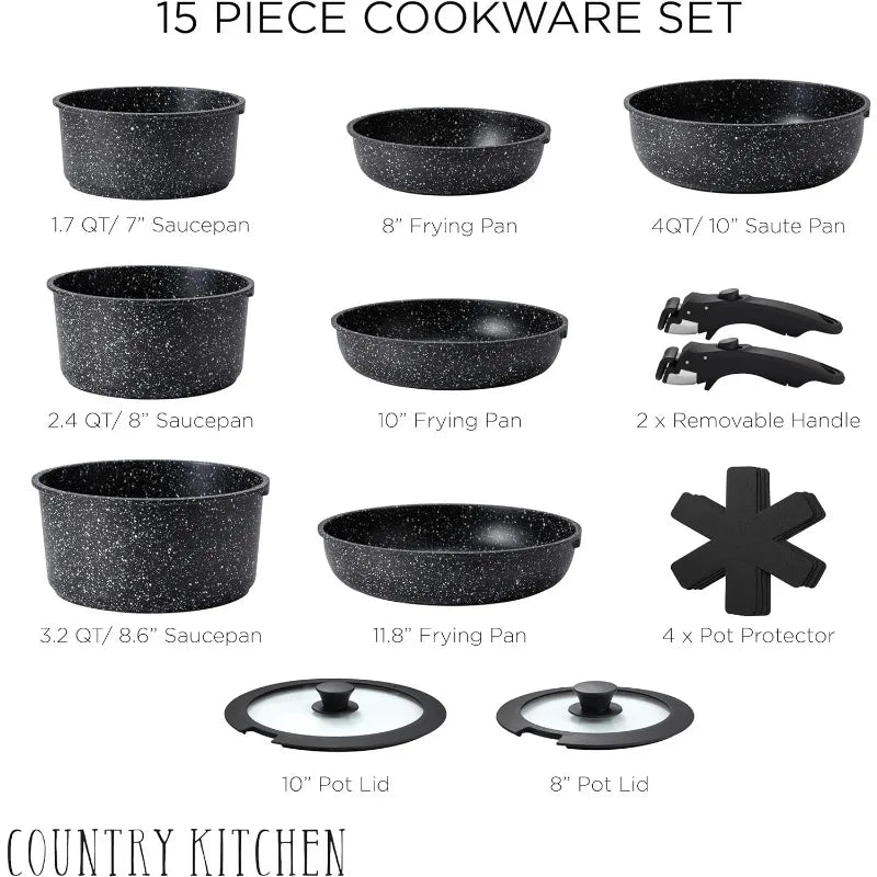 16 Piece Healthy Safe Ceramic Nonstick Kitchen Cookware with Soft Touch Removable Handle