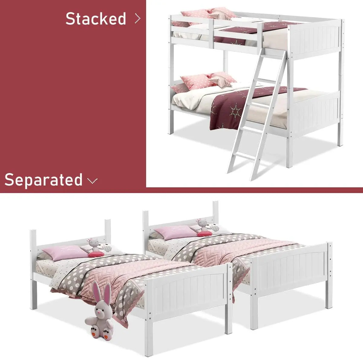 Wood Twin Over Twin Bunk Beds with Ladder and Safety Rail (White)