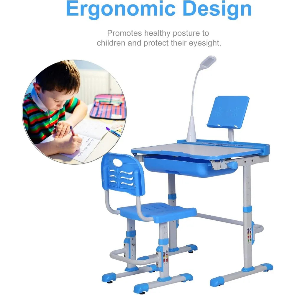 Children's Desk and Chair- Height-adjustable Study and Writing Table with Tilting Table Top, LED Light,