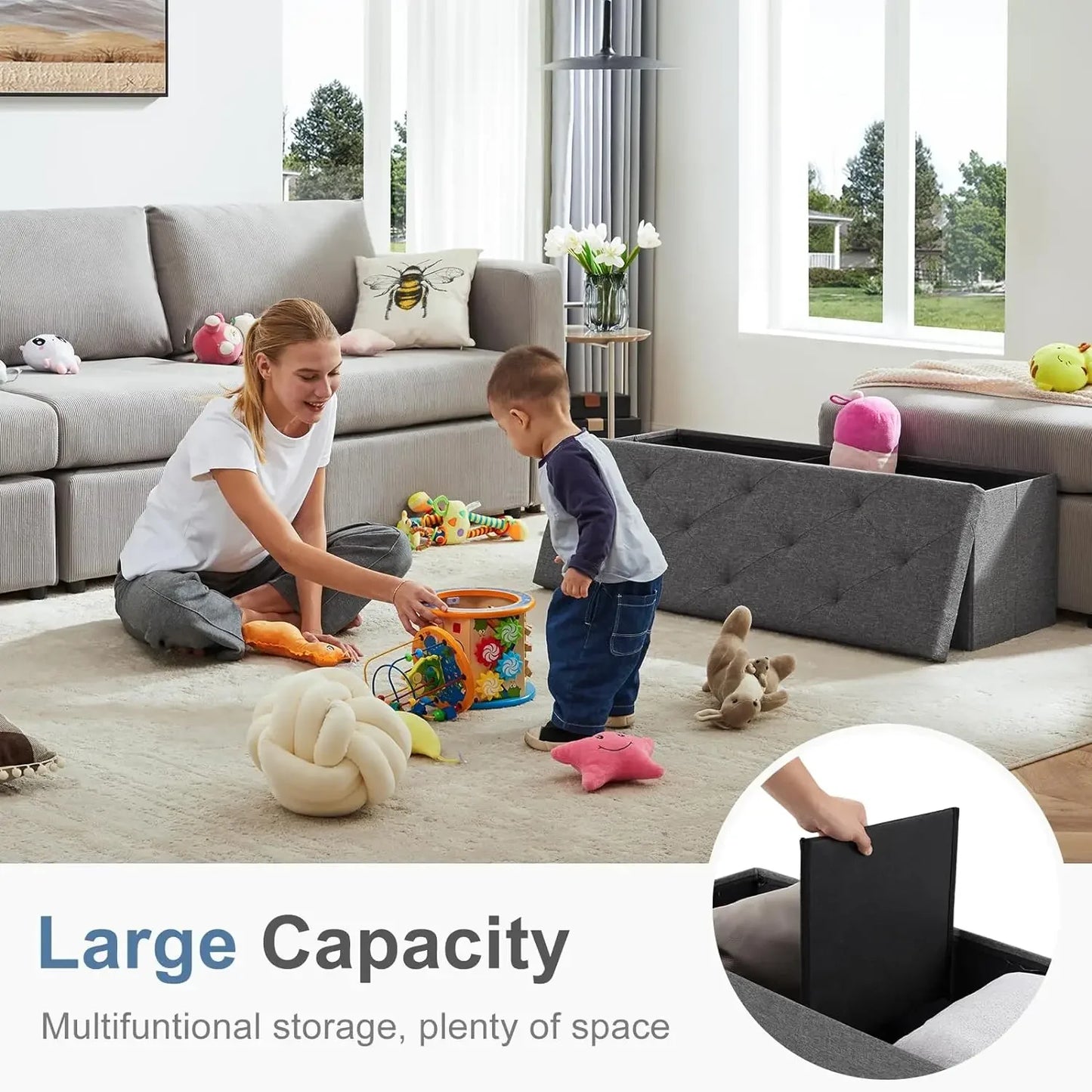 43in Foldable Storage Ottoman with Padded Seat