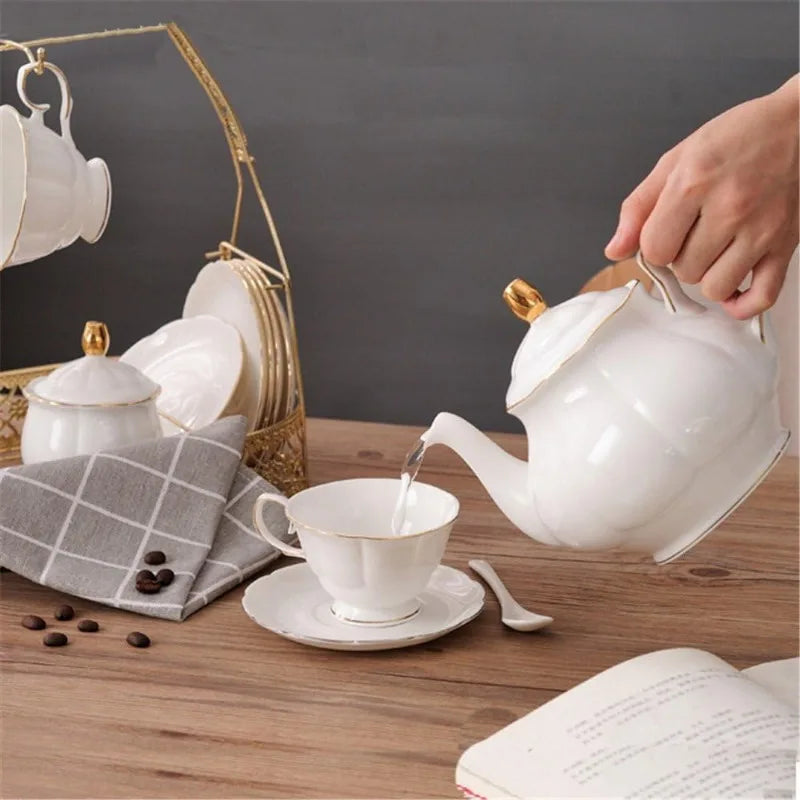 15 Piece Simple White English Ceramic Tea Set with Metal Holder, Matching Spoons