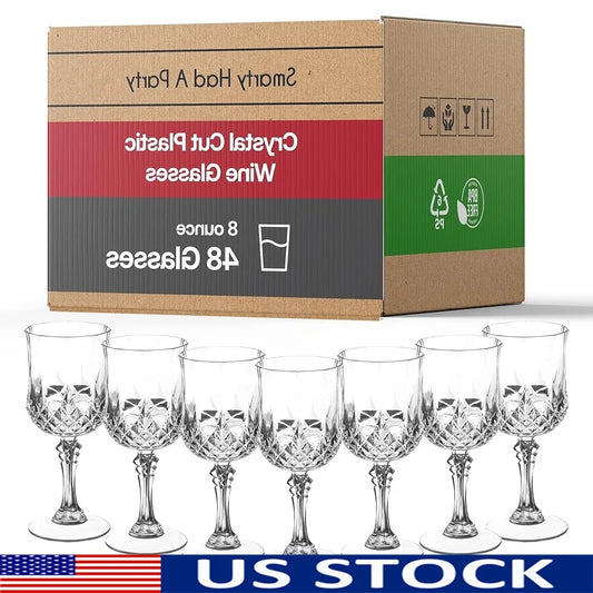 Bulk Set 48 Count 8oz Disposable Unbreakable Crystal Cut Plastic Wine Glasses