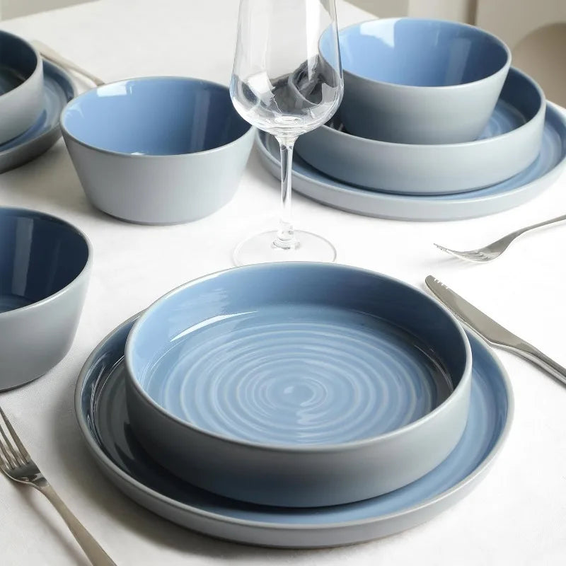 12-Piece Modern Stoneware Dinnerware Plates and Bowls Set for 4, Blue and Grey