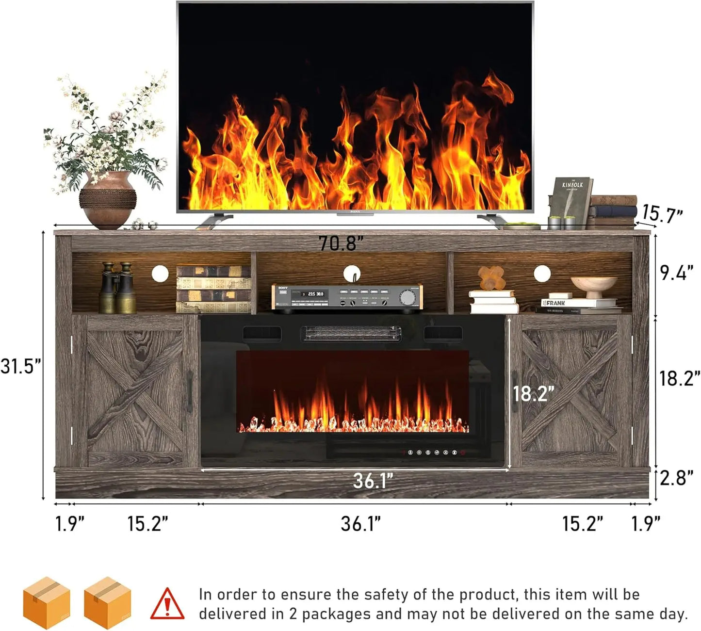 Farmhouse Fireplace TV Stand for 70/75/80 Inch TV 32”Tall Entertainment Center w/ 36”Electric Fireplace & LED Light