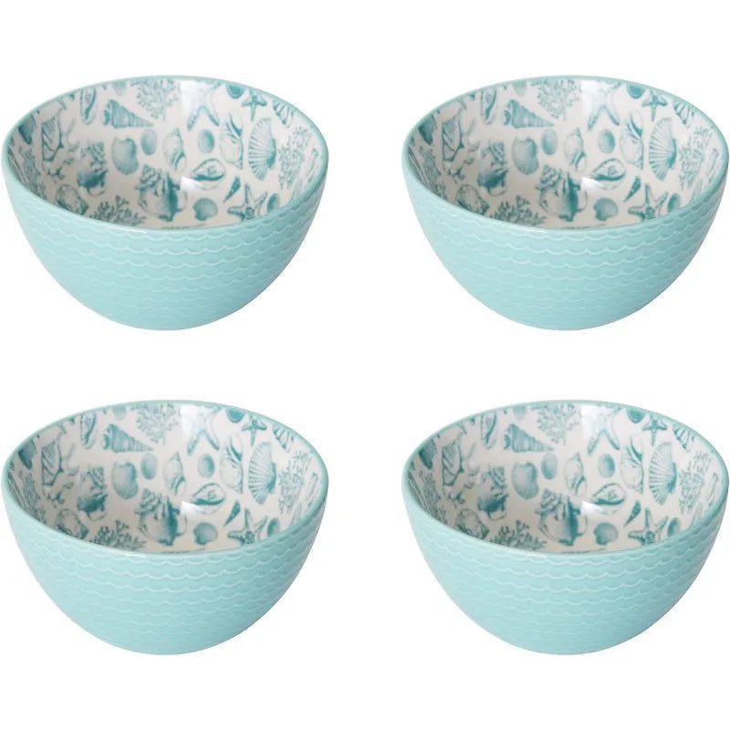 Aqua/White -16-Piece Stoneware Dinnerware Set, Service for 4, Dishwasher and Microwave Safe,