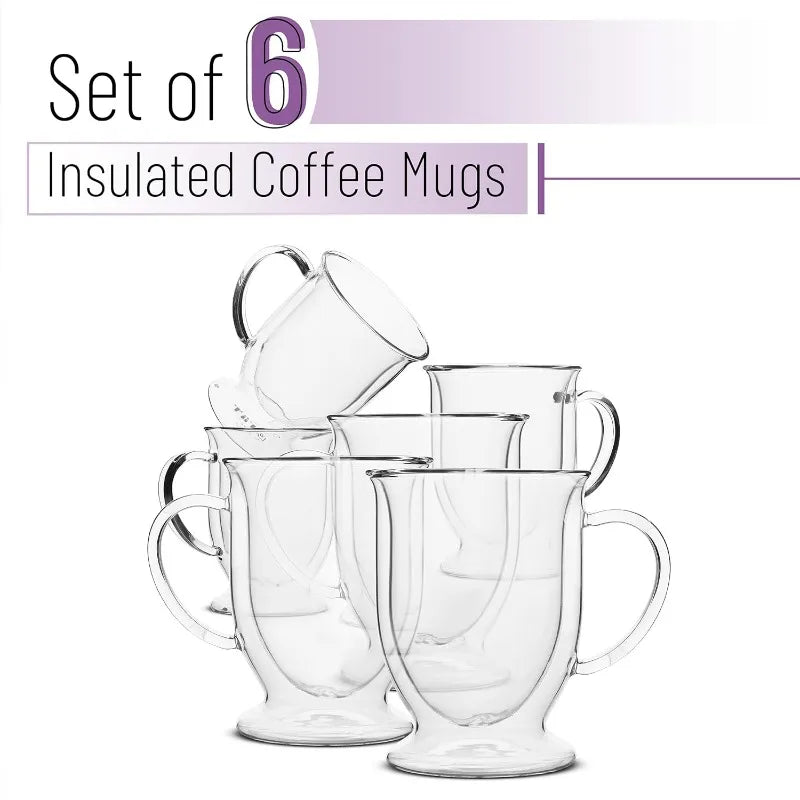 Set of 6, 12 oz, Double Wall, Insulated Glass Coffee Mugs