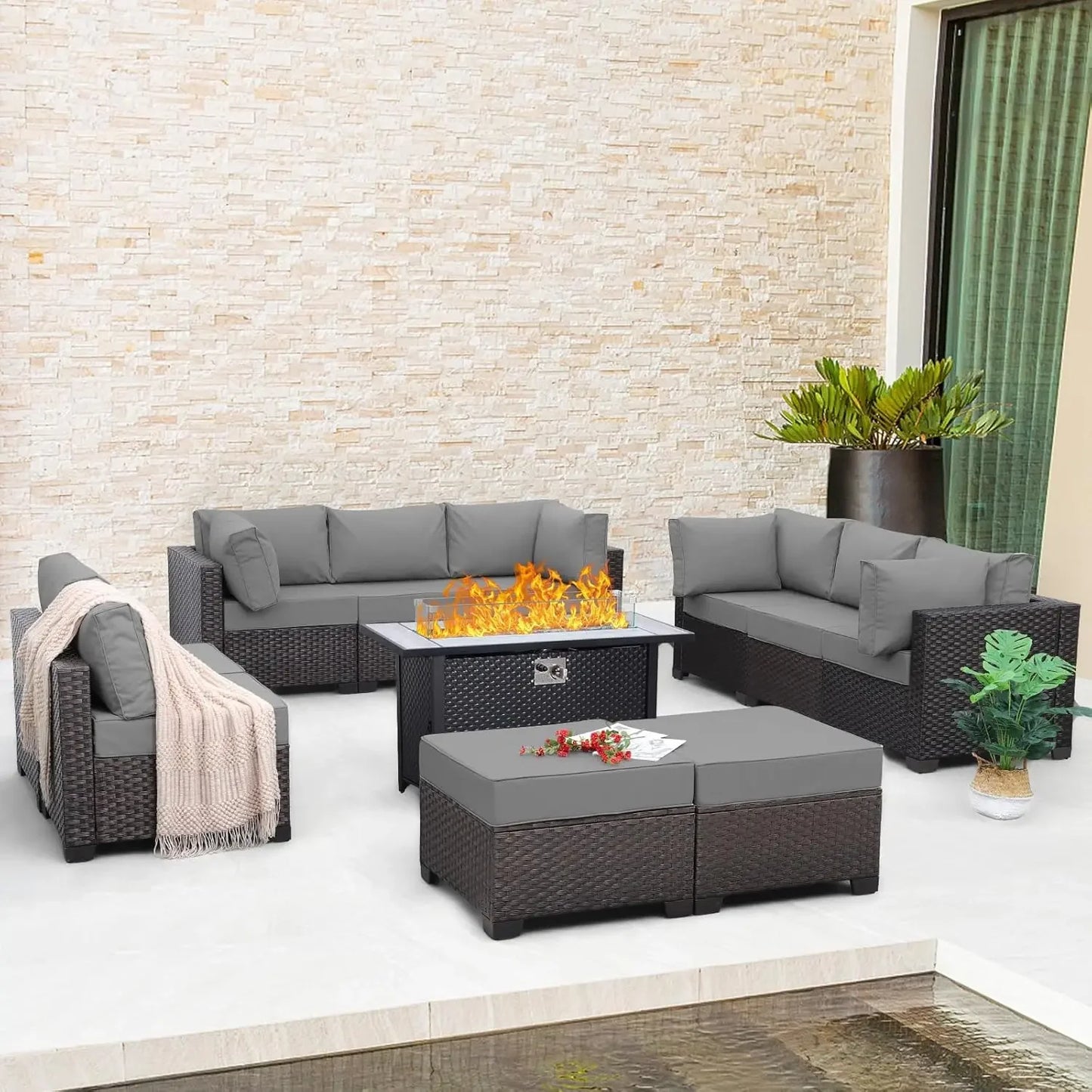 11 piece Rattan Sectional Sofa Conversation Set with Fire Pit Table