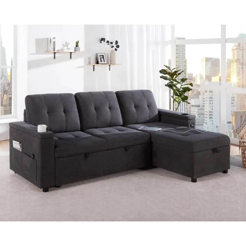 Pull Out Couch Bed with Storage Chaise, USB Charging Port & Cup Holders