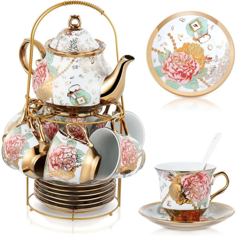 20 Pcs European Porcelain Tea Set with Metal Holder, Service for 6