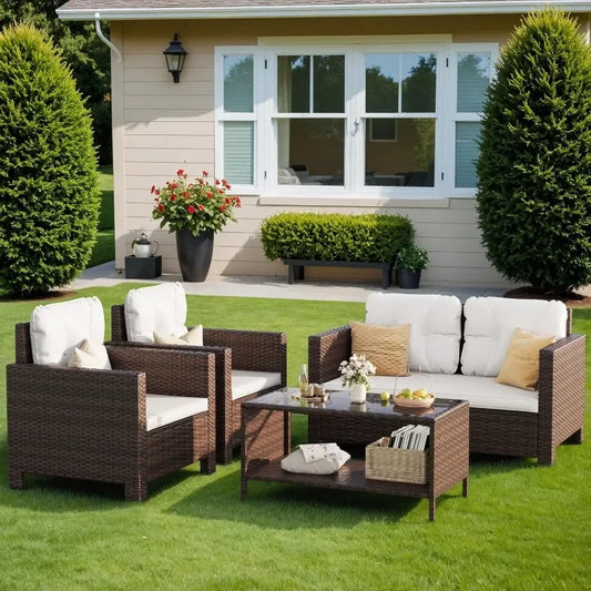 4 Piece Wicker Rattan Patio Conversation Sofa Set