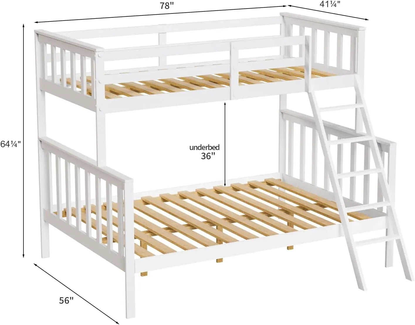 Twin Over Twin Solid Wood Bunk Bed Frame with Ladder and Guard Rail Space