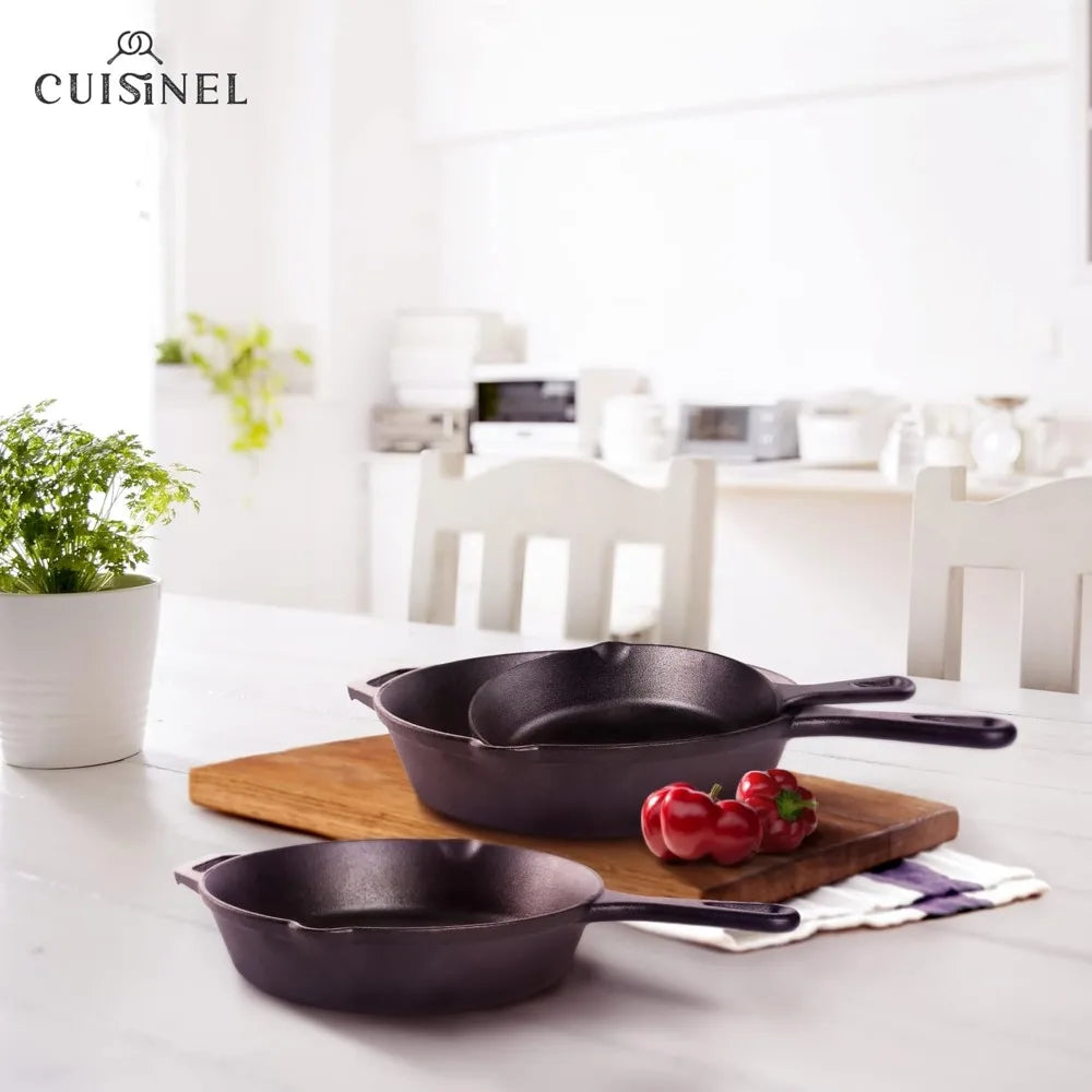 Pre-Seasoned Cast Iron Skillet Set - 8" + 10" + 12"-Inch Frying Pans + Silicone Handle Grip Covers