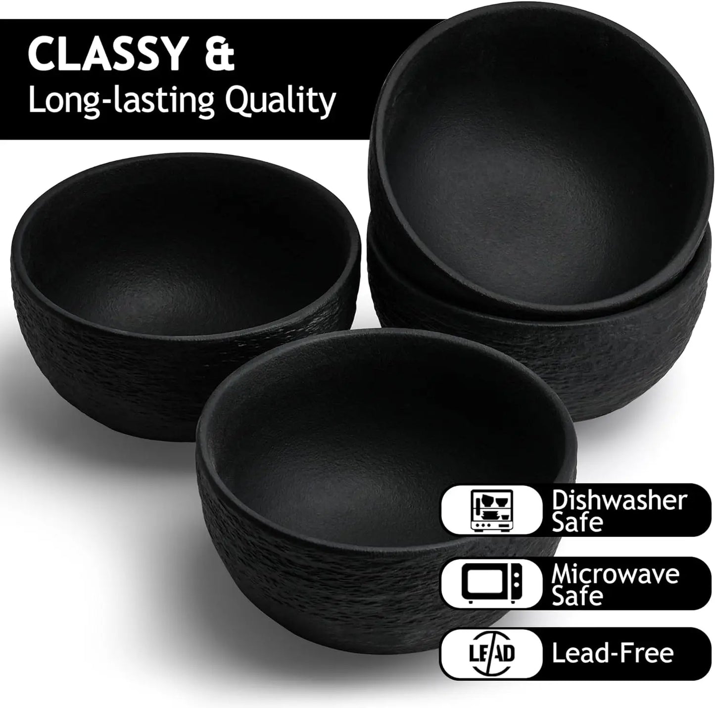 Set of 4, 9 Inch, Modern Ceramic Plate Set, Black