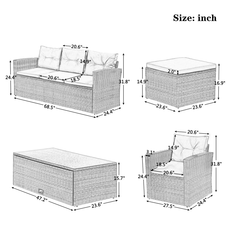 6-piece Wicker rattan Patio Outdoor Sectional Set with coffee table, wicker sofas, ottomans, removable cushions