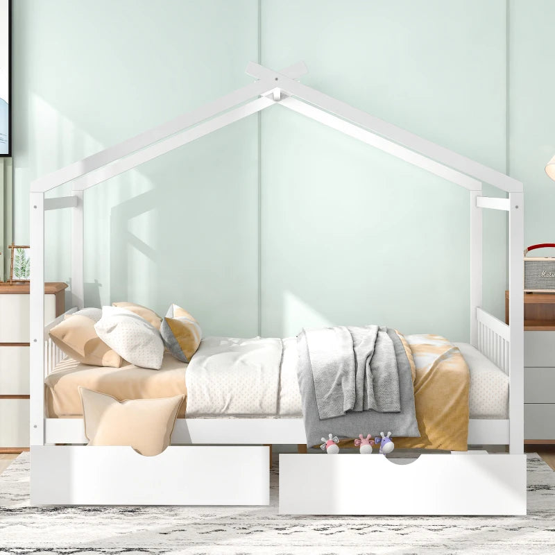 Wooden House Bed Frame for Kids with Ample Storage Options, Roof Design