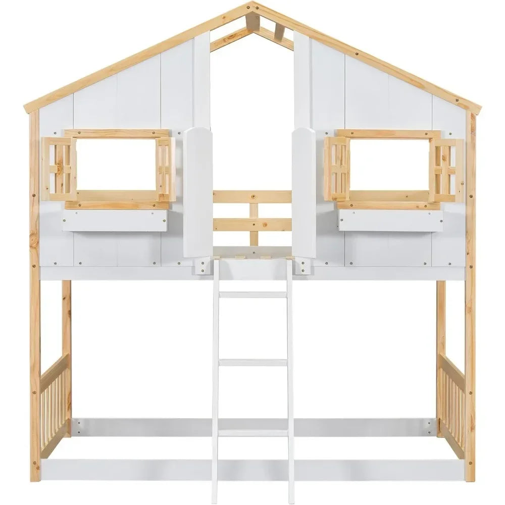 Twin Over Twin House Bunk Bed for Kids, with Roof, Windows, Window Box and Small Door