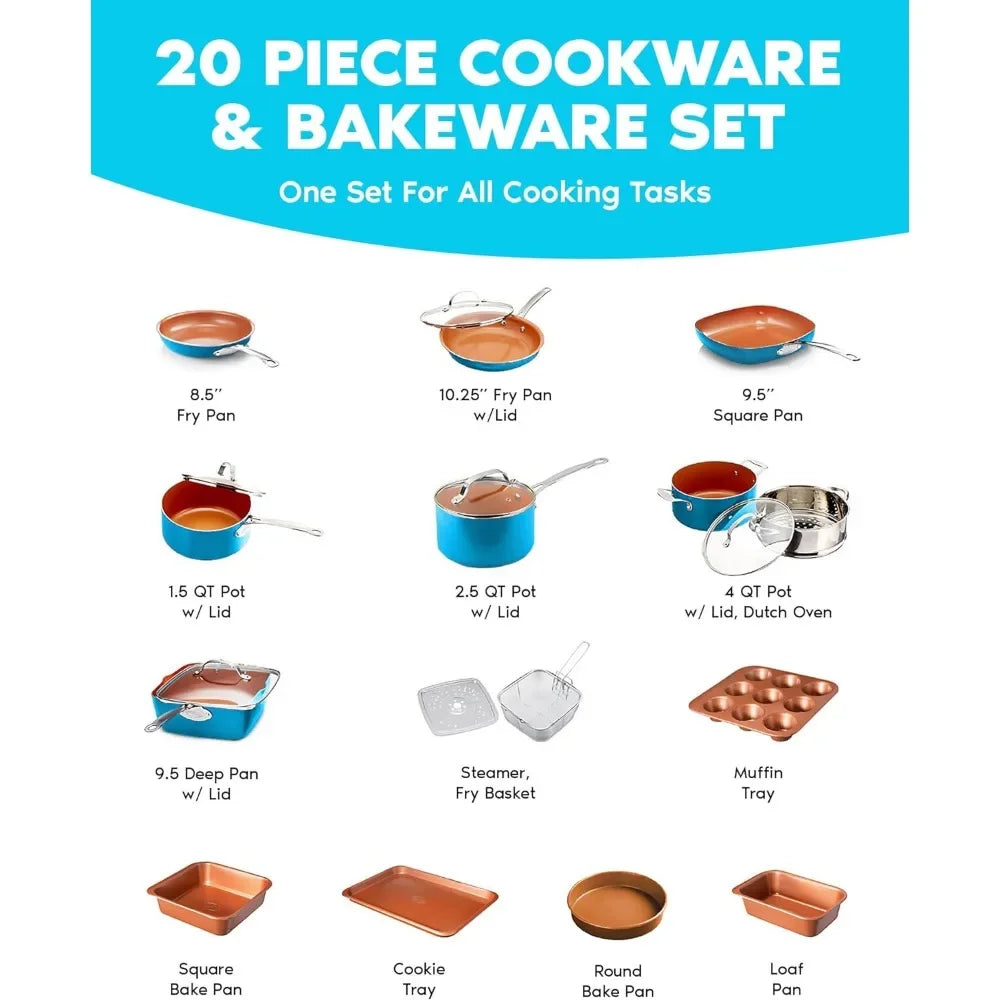 20 Piece Non Stick Ceramic Copper Flat Bottomed Cookware Set