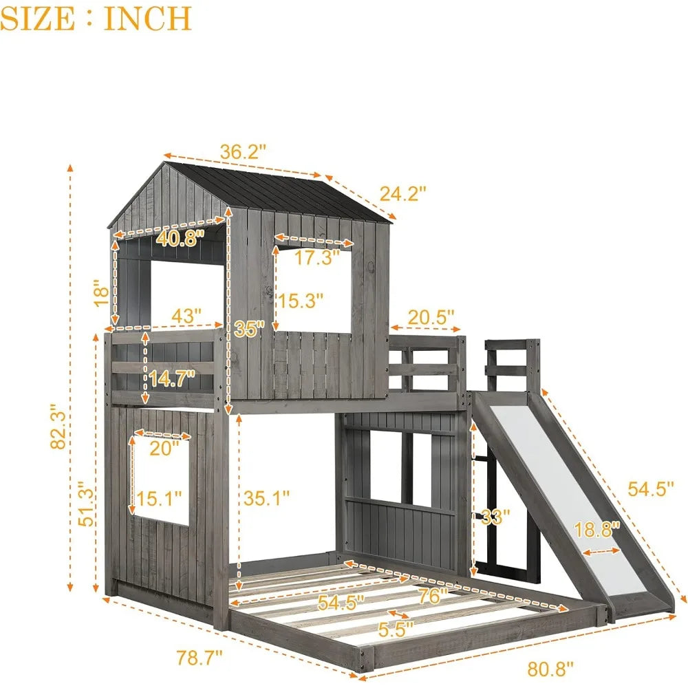 Twin Over Full Size, Wood Bunk Beds with Roof and Window, with Slide