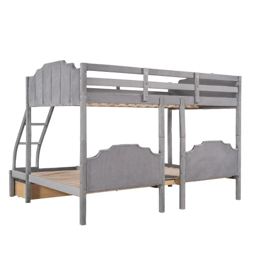 Wood Full over Twin & Twin Bunk Bed,Triple Bunk Bed with Drawers