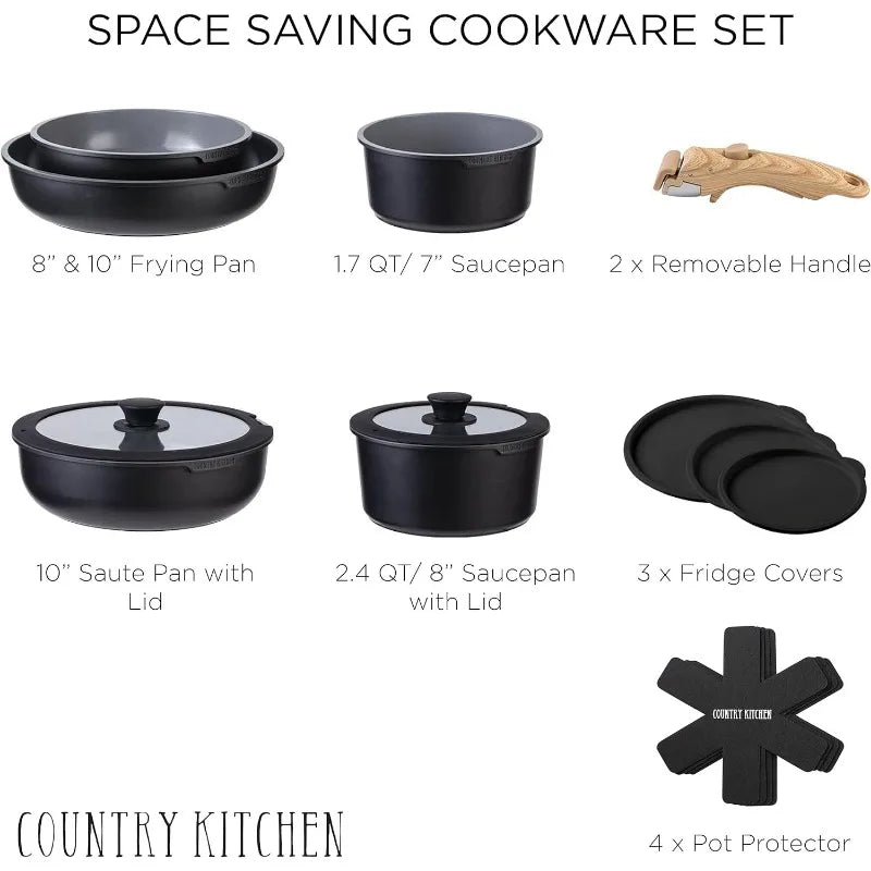 16 Piece Healthy Safe Ceramic Nonstick Kitchen Cookware with Soft Touch Removable Handle