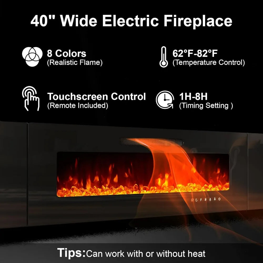 Fireplace and Bookcases, Includes 80" 2-Tier Fireplace TV Stand 40" , 2 x High Gloss Bookshelves LED Lights & Glass Doors