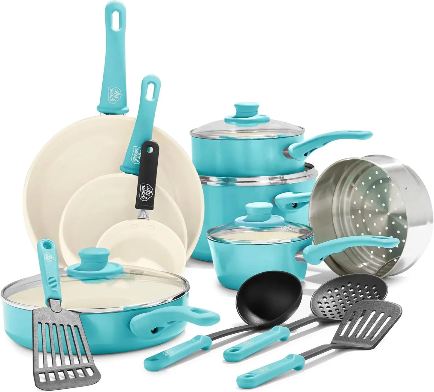 Ceramic Nonstick 16 Piece Kitchen Cookware Set, with Kitchen Utensils and Lid- Assorted Colors