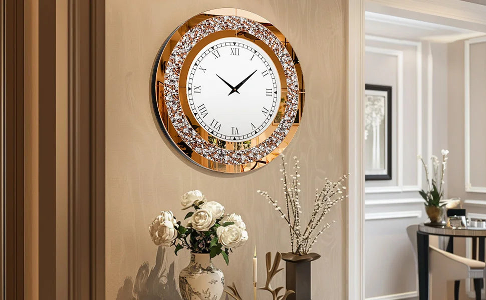 24inch Crystal Sparkle Crush Diamond Large Mirrored Wall Clock